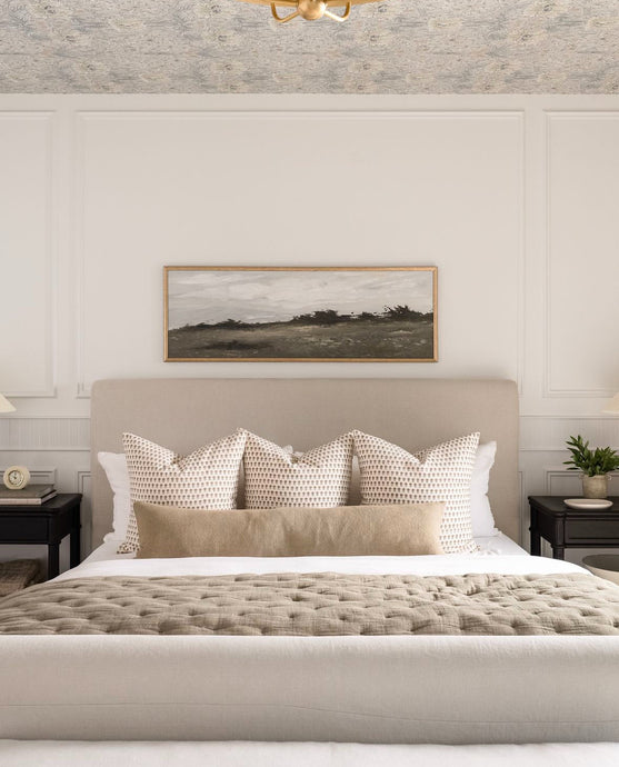 Art Above A King Bed, Neutral Bedroom Design Inspiration, Wildwood Home Co | Going Up